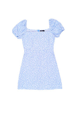 Fine Square Neck Puff Sleeve Leopard Print A Line Dress (Blue)